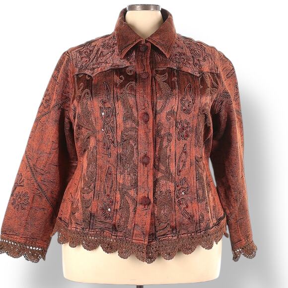 Vintage Flashback Embroidered Copper Jacket 3X Boho Crochet Hem Sequin Details - Picture 1 of 13